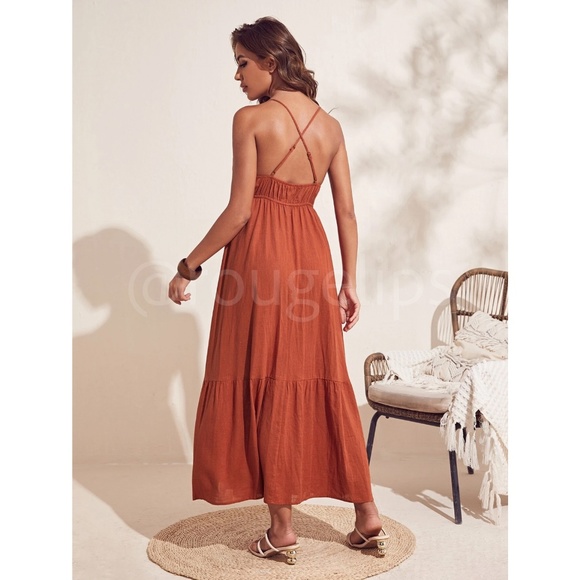 Burnt Orange Cami V-Neck Backless Criss Cross Straps Maxi Dress - Picture 6 of 12
